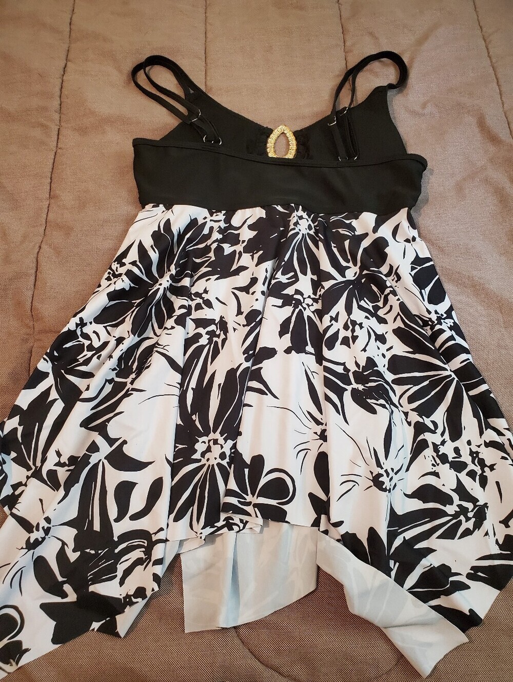 Tankini Swimdress Top V-Neck Floral Black White Hanky Hem Swimsuit Women's SZ XL - Picture 3 of 7